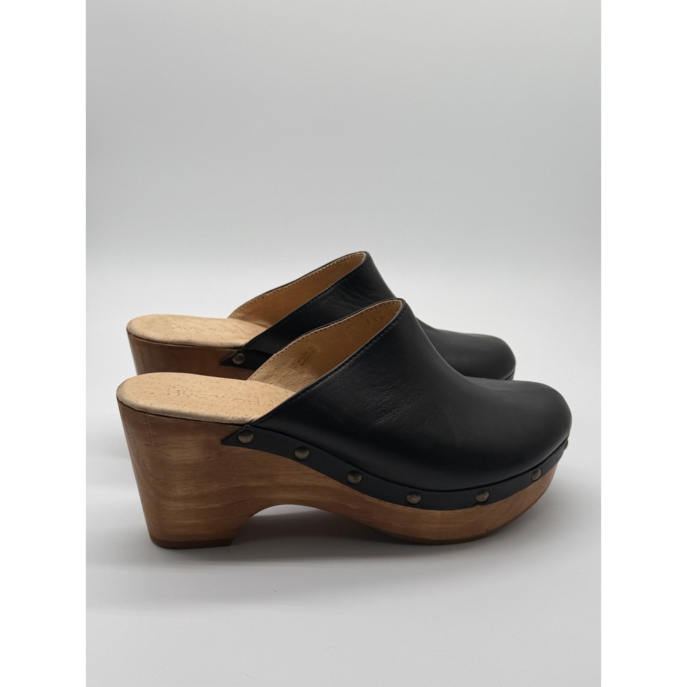 Anthropologie Five Worlds Clogs Sz 10 Black Leather Wood Platform Studded Mules - Picture 3 of 14